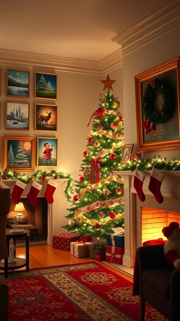 A cozy Bloxburg living room decorated for Christmas with festive paintings, a Christmas tree, and holiday lights.